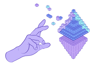 An illustration of a hand creating an ETH logo made of lego bricks.