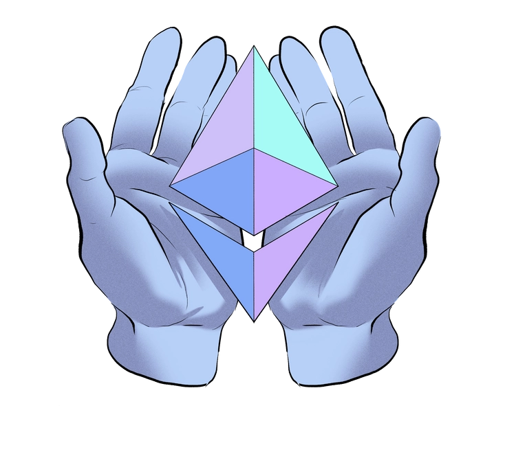 Illustration of hands offering an ETH symbol.